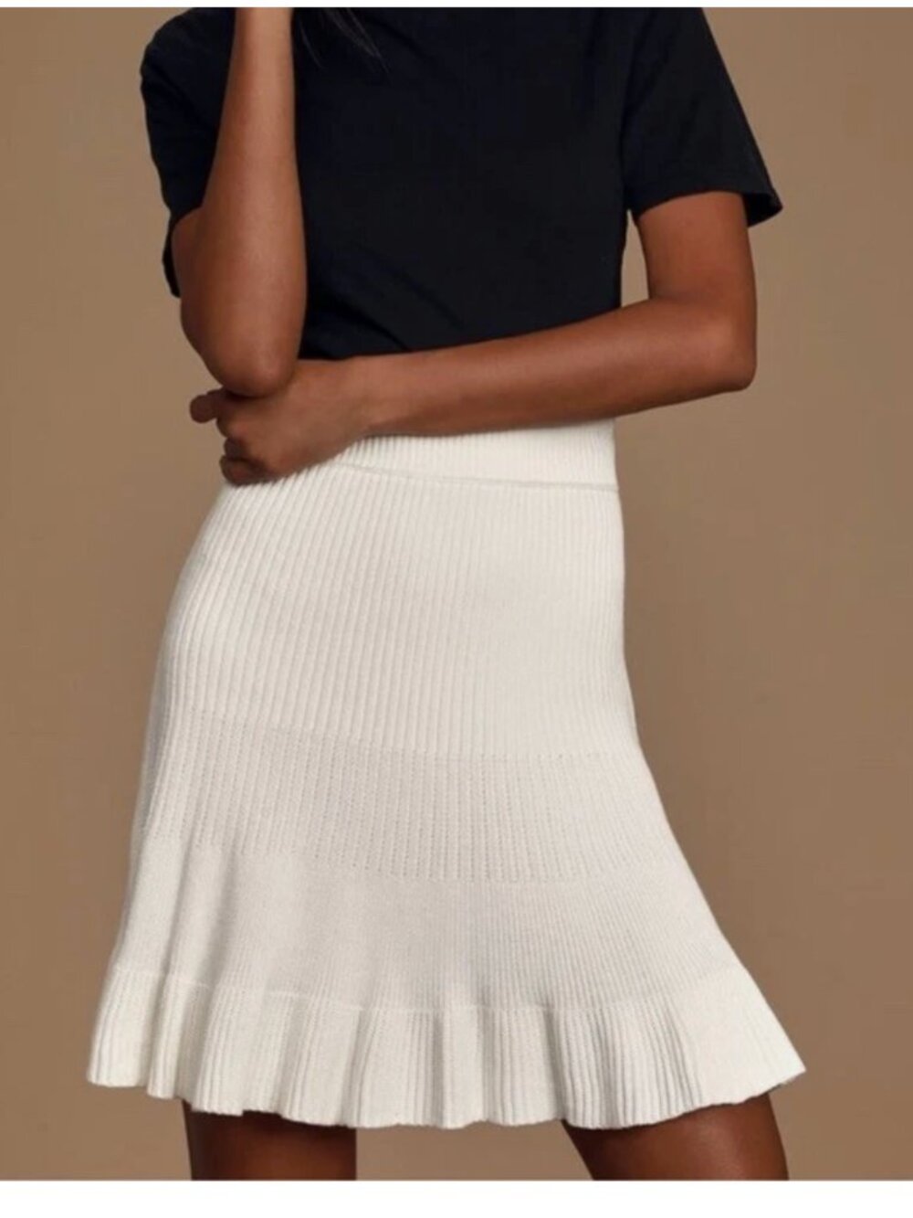 Free People Ribbed Knit Skirt Large White Stretch Elegant Quiet Luxury Feminine